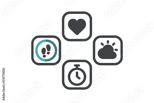 Essential fitness and activity tracking symbols for heart rate, steps, weather, and stopwatch