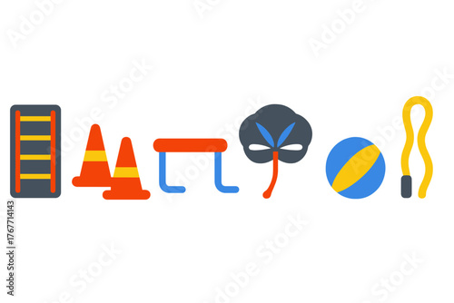 Colorful sports training equipment including agility ladder cones hurdle ball and jump rope