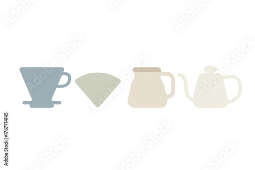 Minimalist coffee brewing equipment icons: dripper, filter, server, and kettle in soft pastel colors