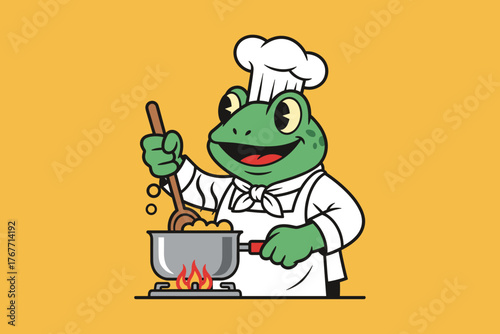 Happy Frog Chef Cooking Delicious Meal in a Pot.