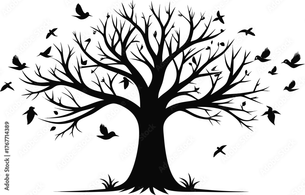 Fototapeta premium Silhouette of a bare tree with many birds flying around it
