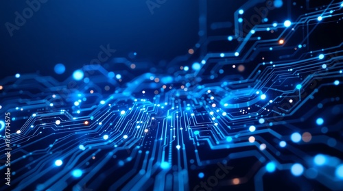 A detailed close up of a blue circuit board with glowing lights and intricate interconnected pathways