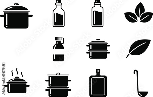Cooking icons set, kitchen tools vector, black and white, pot, bottle, herbs, steam, ladle, cutting board, culinary symbols