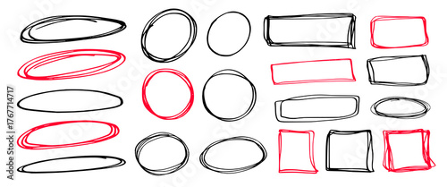 Set of graffiti girly style collage elements. Hand drawn charcoal doodle collection. Pencil drawn simple figure shapes of scribbles, circles, rectangles, ovals, frames on white backdrop.