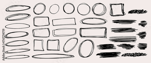 Set of grunge style collage elements. Hand drawn charcoal doodle collection. Pencil drawn shapes of scribbles, squiggles, circles, rectangles, ovals, frames on white backdrop.