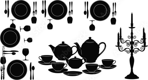 Formal dining setup, table etiquette illustration, tea service arrangement, black and white vector, place settings, utensils, teacups, candelabra, elegant