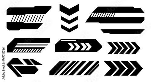Collection of isolated black tech decals with futuristic arrow and stripe patterns. Abstract vector graphics for cyberpunk themes, vehicle wraps, and games.