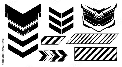 Set of futuristic mecha insignia, chevron arrows, and hazard stripes. Vector graphics for esports logos, racing decals, and sci-fi robot armor design.