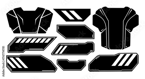 Collection of futuristic sci-fi armor plates and tech panels. Isolated black vector graphic elements for esports branding, techwear, and cyberpunk design.
