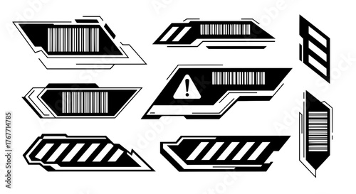 Set of black futuristic decals with barcodes and a warning sign. Isolated vector graphics for sci-fi HUD, cyberpunk UI, and modern tech design projects.