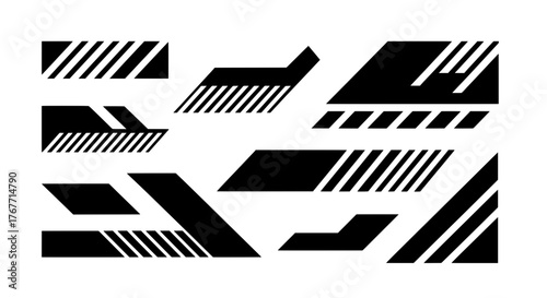 Set of black minimalist geometric shapes and hazard stripes. Vector elements for techwear, esports, racing decals, and futuristic cyberpunk design.