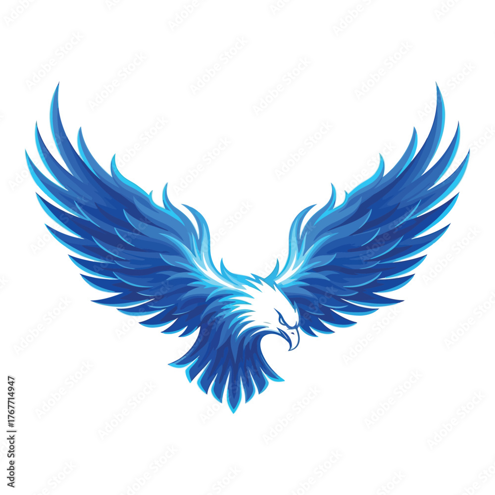 Fototapeta premium A vibrant blue illustration of an eagle with outstretched wings, isolated on white background the eagle is depicted in a stylized and dynamic pose