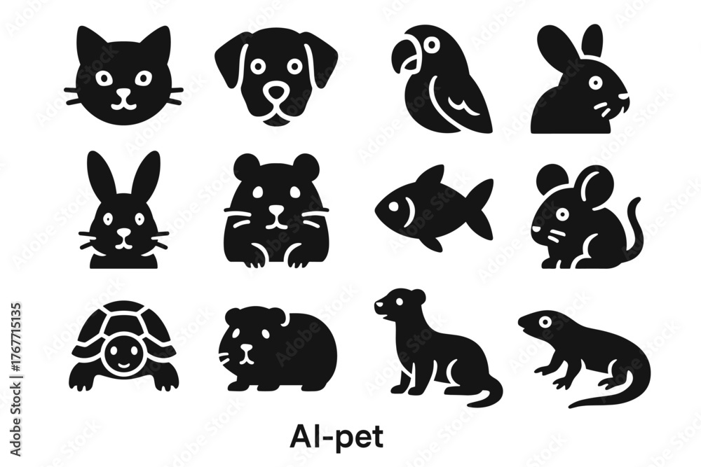 Obraz premium Parrot chinchilla ferret ai pet dog icon mouse rabbit pig guinea vector
