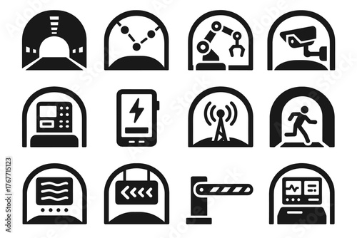 Monitoring vector icons icon barrier maintenance energy automated gate sign transmitter camera