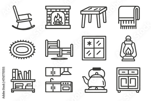 Icon fireplace kettle window cabinet icons interior cabin wooden vector rocking blanket