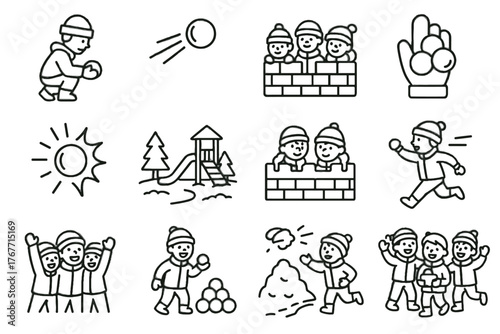 Multiple icon snowballs icons snow group running throwing fight snowball tracks vector