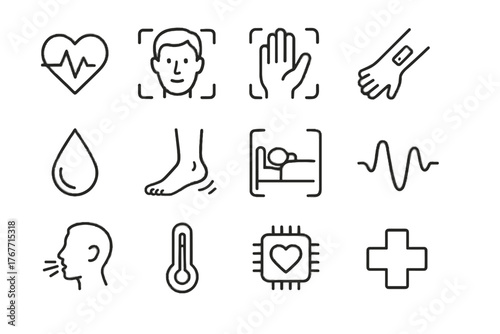 Vector breath wave hydration drop icons icon cross skin temperature scan health