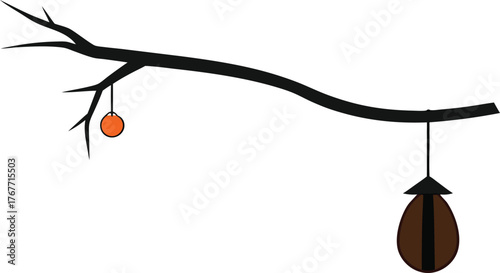 Silhouette of a bare tree branch with two hanging objects