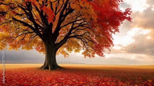 Majestic Autumn Tree With Vibrant Red and Yellow Leaves And Fallen Foliage Under a Dramatic Sunset Sky