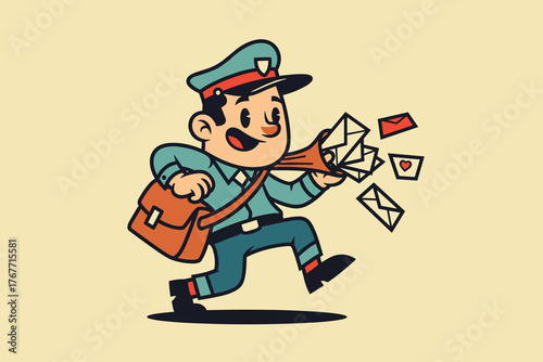 Happy Mailman Delivering Letters with Enthusiasm and a Full Bag.
