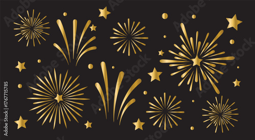 Set of isolated golden fireworks bursts, a sparkling vector illustration for New Year's Eve or holiday celebrations