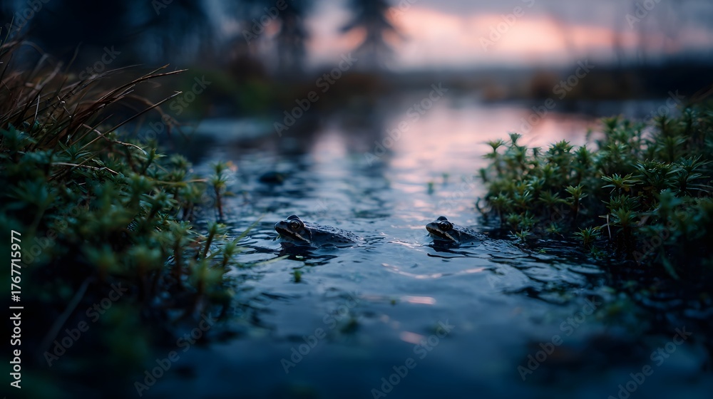 Obraz premium Two frogs swim in a tranquil marsh pond at dusk