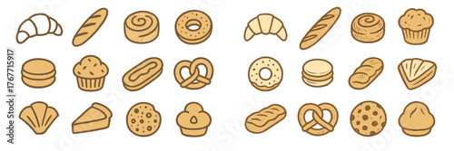 Delightful assortment of baked treats including croissants, cookies, and muffins displayed in a cheerful pattern