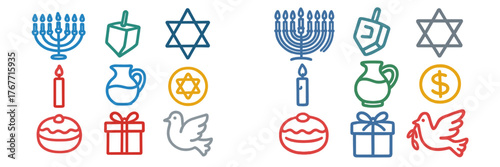 Symbols of Jewish culture and celebration featuring menorahs, dreidels, gifts, and traditional food items in festive colors