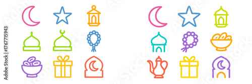Colorful collection of illustrations representing festive symbols and traditions of Ramadan in a vibrant style