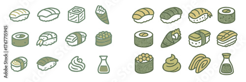 Variety of sushi types featuring rolls, nigiri, sashimi, and condiments in a simple artistic style