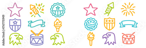 Colorful sketches of patriotic symbols and icons for celebrations and national events featuring stars, eagles, and fireworks