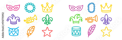 Colorful carnival symbols including masks, crowns, and musical instruments for festive celebration