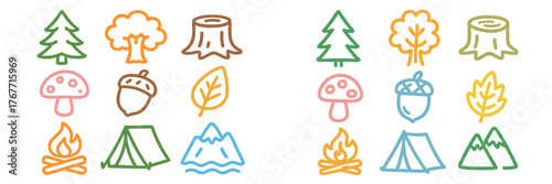 Nature and camping themed doodles featuring trees, mountains, and camping elements in bright pastel colors