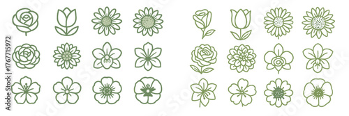 Collection of hand-drawn flower illustrations in various styles and shapes on a white background
