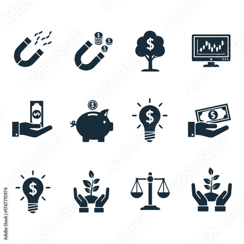 Business and finance icons concept representing growth money and investments