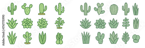 Diverse collection of green plants and cacti displayed in a clear and simple design