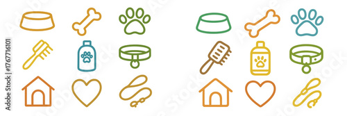 Cute designs of pet supplies and accessories arranged in a colorful pattern showcasing various items for dogs and cats