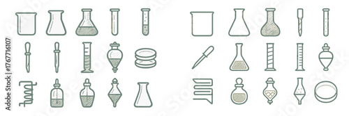 Collection of laboratory equipment and glassware arranged in an organized manner showcasing scientific tools and instruments