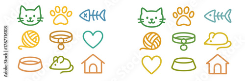 Colorful illustrations of pet symbols including cats, toys, and food bowls in a playful arrangement