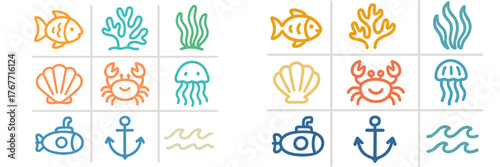 Colorful underwater icons featuring marine life, plants, and objects arranged in a grid pattern