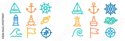 Nautical symbols and icons arranged in a grid pattern with vibrant colors showcasing maritime themes