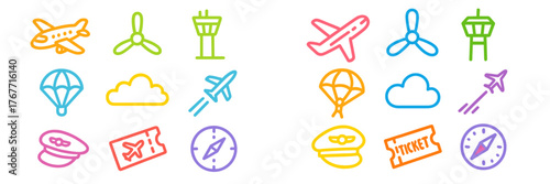 Colorful illustrations of aviation symbols showcasing travel elements like planes, tickets, and clouds