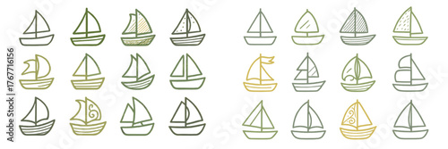 Collection of hand-drawn sailboat designs in various styles and sizes displayed on a clean background