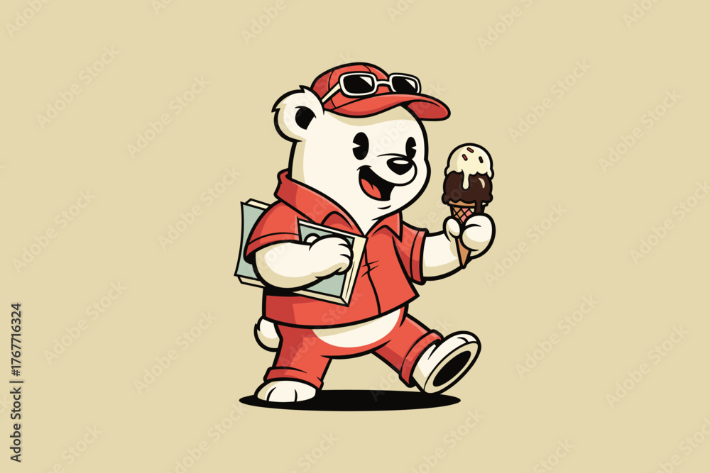 Fototapeta premium Charming Polar Bear Mascot Enjoying an Ice Cream Cone.