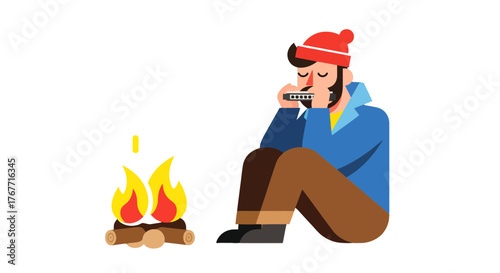 A Bearded Man Plays Harmonica By A Campfire Under Black Night