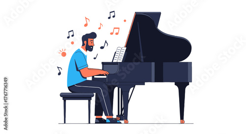 A Bearded Pianist Playing Melodies on a Grand Piano Against a Black Background