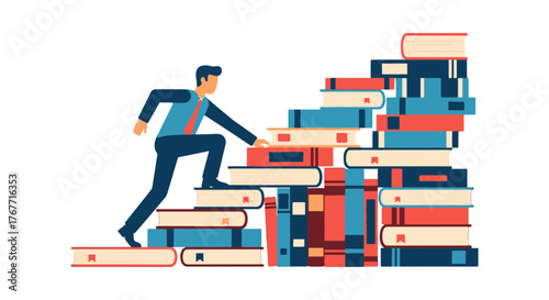 A Businessman Climbing A Staircase Of Books, Achieving Knowledge While Pursuing Higher Goals