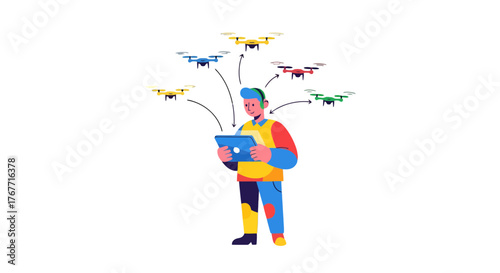 A Drone Operator Controlling Several Multi-Colored Drones on a Black Background Design