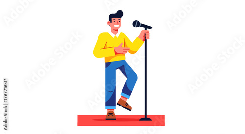 A Cheerful Presenter Holding Microphone Delivering a Speech On Red Stage with Black Background