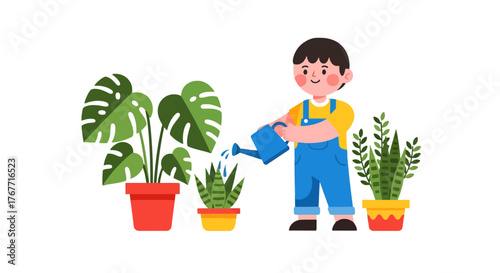A Gardener Nurturing Lush Greenery With a Watering Can Among Potted Plants in a Setting